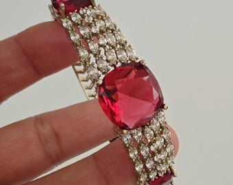 Pulsera de oro opaco victoriano rubí con circonitas cúbicas y diamantes americanos, talla única, para tallas 2.4 y 2.6, pulsera de diamantes con un solo detalle