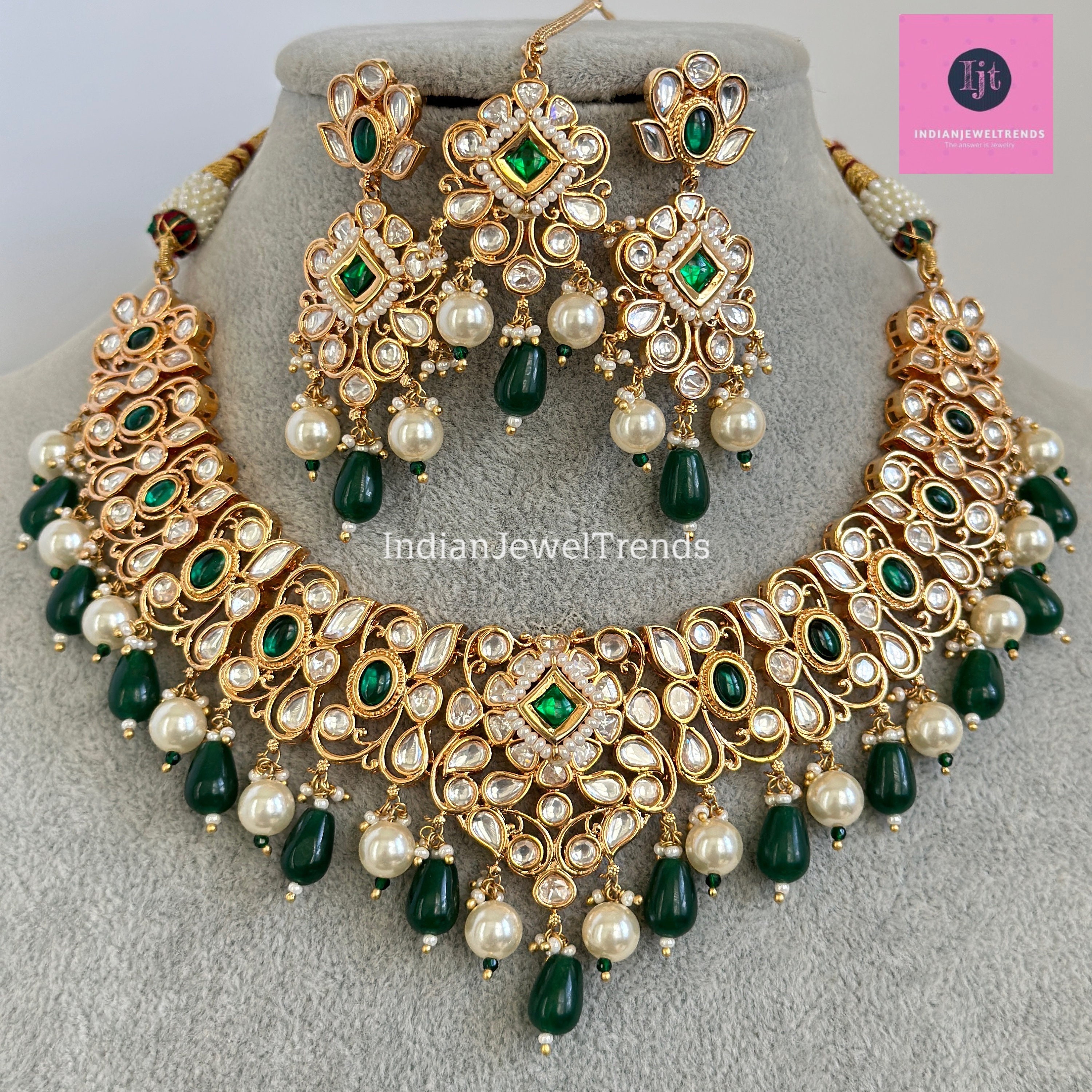 Green Fine Kundan Indian Bridal Necklace, Wedding Necklace, Fine