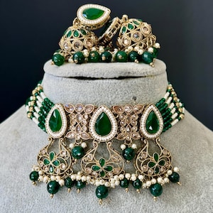 Green antique Polki Kundan Indian necklace set for Indian Pakistani Wedding Jewelry