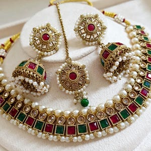 RubyGreen Antique Polki Kundan Necklace Antyczny naszyjnik biżuteria ślubna Biżuteria indyjska Biżuteria pakistańska Naszyjnik ślubny Naszyjnik ślubny