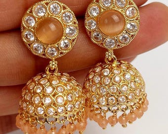 IndianJewelTrends Small Light Weight Gold Plated Jhumka stone Jhumka Indian Jewelry Pakistani Punjabi Indian Statement earring Bridal Indian Wedding