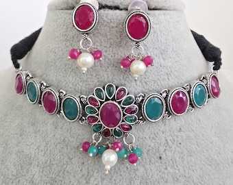 Collier oxydé artisanal vert rubis/Bijoux indiens oxydés/Collier de bijoux bohème/RAS de cou afghan/Bijoux afghans/collier tzigane