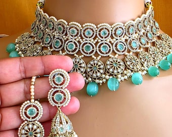 Gargantilla con circonitas cúbicas antiguas de color verde menta, collar Polk, joyería india, collar pakistaní, collar punjabi, collar nupcial.