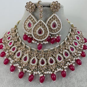 Hot Pink Rani Antique Polki Kundan necklace/Indian Jewelry/Pakistani Jewelry set/Weddings necklace/Bridal necklace/Reverse AD Set