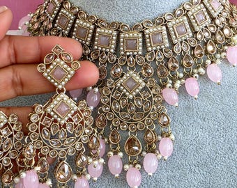 Conjunto de collar Polki Kundan rosa antiguo: joyería nupcial india hecha a mano.