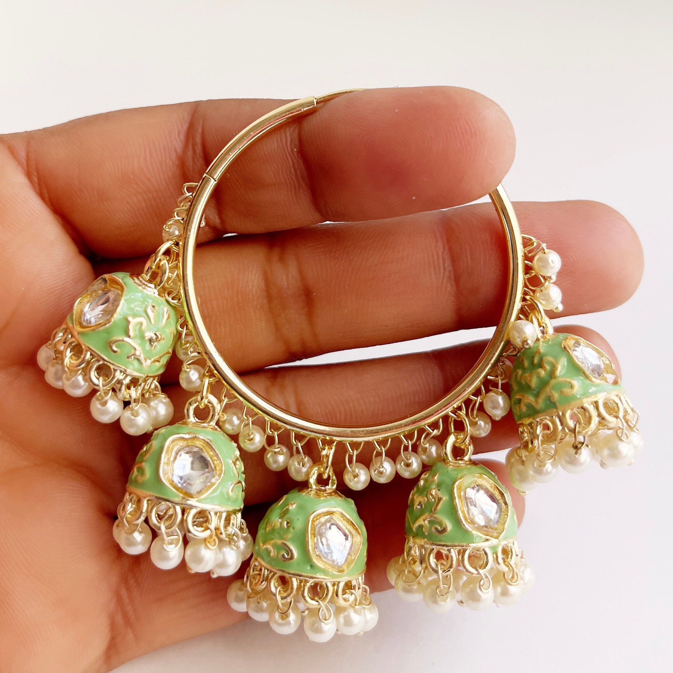 Gold tone pinkwhite Kundan jadau hoop rice pearl jhumkka dj36026 dreamjwell #23 Gold tone pinkwhite Kundan jadau hoop rice pearl jhumkka dj36026 dreamjwell