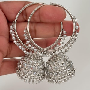 Silver Polki kundan pearl Hoop Earrings/Traditional ethnic hoop/Bali earring/Trendy/Statement earrings/Bali Jhumka//pakistani/Punjabi