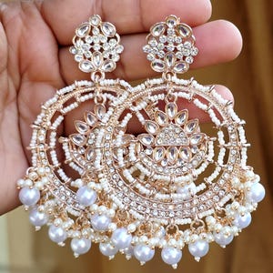 White Rose Gold Bollywood Stone Kundan Chandbali Earrings, Stone earrings, Indian Kundan Earrings,Pakistani Punjabi earrings, Indian wedding image 2