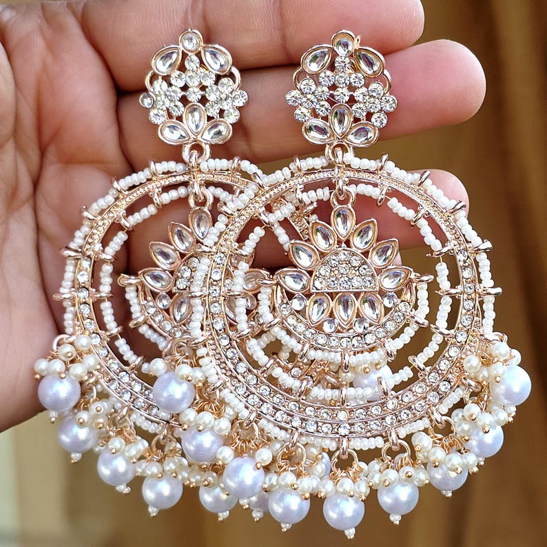 White Rose Gold Bollywood Stone Kundan Chandbali Earrings, Stone earrings, Indian Kundan Earrings,Pakistani Punjabi earrings, Indian wedding image 2