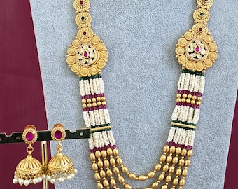 RubyGreen Long gold-plated mala Necklace/Pearl Kundan Long Necklace Indian Long Necklace/Indian Necklace/ Mala/Indian Wedding/Rani Haar