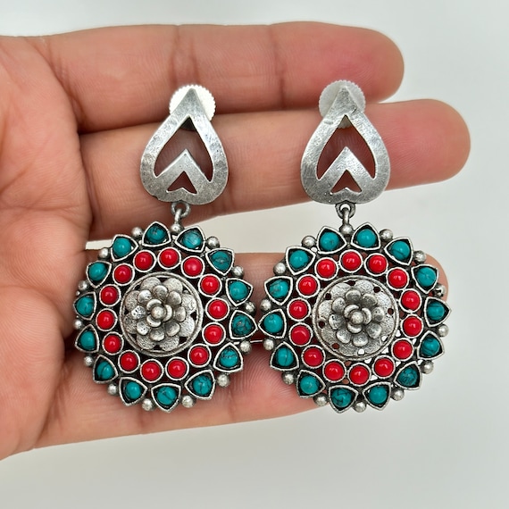 Oxidized german silver earrings jewelry Big Triangular Earrings with  Jhumkis | eBay