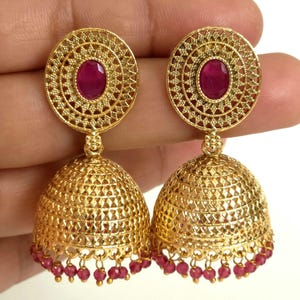 Rubin Classic Light vergoldet Polki Jhumka / Stein Jhumka / indisch / Pakistan / Punjabi / indisch / Statement Ohrring / Braut / indische Hochzeit