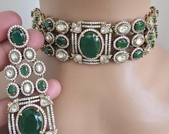 Malaika Arora inspired Green Victorian Moissanite polki Cz diamond choker,Indian Bridal Jewelry, Sabyasachi Designer necklace, Pakistani