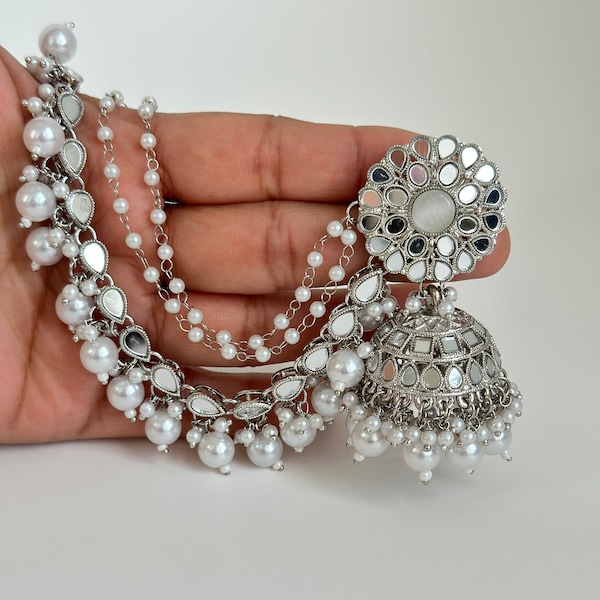 Silver Mirror stone bahubali jhumka, Mirror jhumnka, bahubali earrings, mirror jewelry for wedding, indian pakistani jewelry