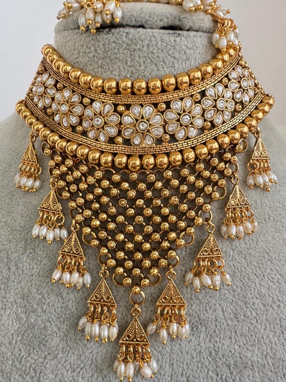 Collier polki en or blanc, bijoux indiens, collier de mariage