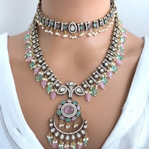 MintPink Premium Quality Victorian Moissanite Polki Kundan Necklace/Statement Long /Semi Precious/Rani Haar/Indian wedding/Bridal Collection