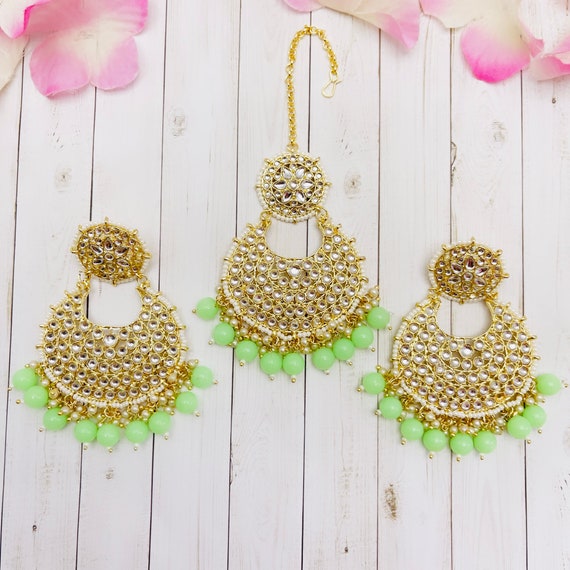 Clearance Gold Kundan Tikka w Earring Set Indian Bridal Maang Tikka Teeka Tika Headpiece Handmade Pearl Jewelry For Women Final Sale