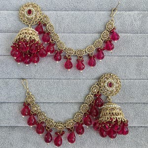 Hot Pink Polki Pearl bahubali jhumka, Kundan jhumnka, bahubali earrings, Pearl jewelry for wedding, indian pakistani jewelry