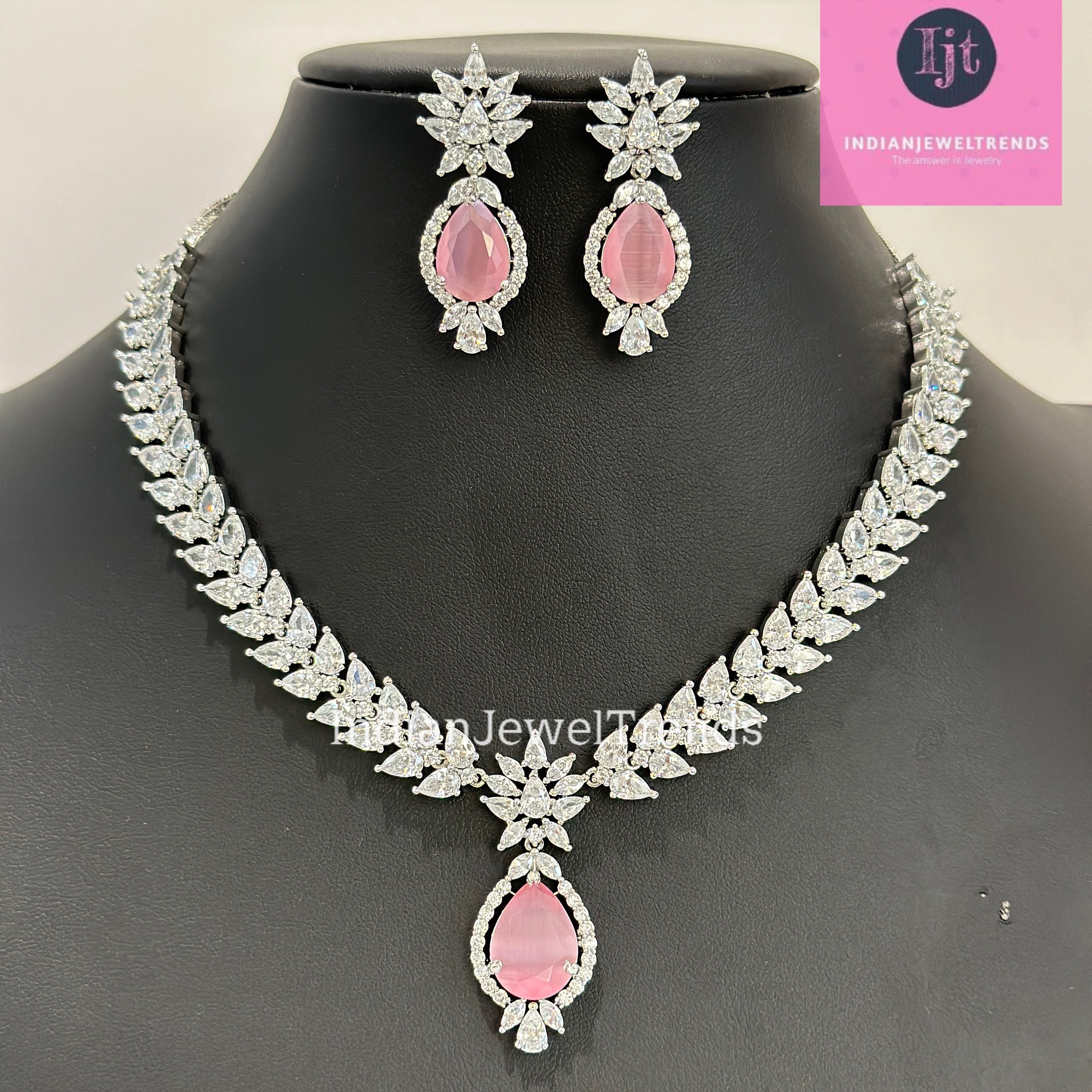 Pink CZ Diamond Bridal Necklace Jewelry Prom Jewelry Mother 