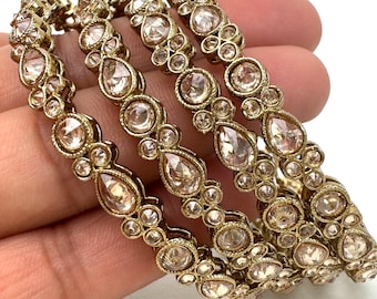 Set of 4 Polki Kundan antique finish Bangles Set mix Sizes Punjabi Pearl bangles Set/Bridal bangles/Antique bangles/Polki Reverse AD bangles