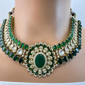 Green Victorian Moissanite Polki Kundan Necklace, Sabyasachi Necklace, Indian Bridal Jewelry, Bollywood Designer Necklace,Pakistani