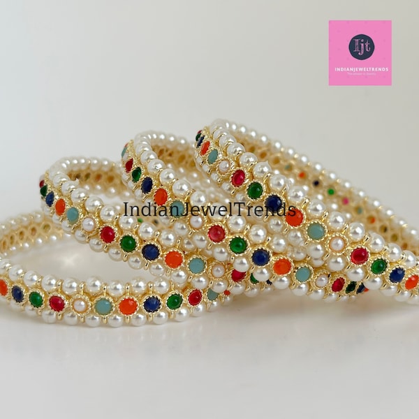 Navratan Pearl Bangles Set(4 Pc)/Pearl bangles/Stones bangles/Indian bangles/Punjabi Pearl bangles Set/Bridal bangles/wedding jewelry