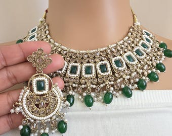 Conjunto de collar antiguo verde Polki Kundan / Collar con anuncio inverso / Collar llamativo / Collar indio / Punjabi / Joyería pakistaní / Collar de novia