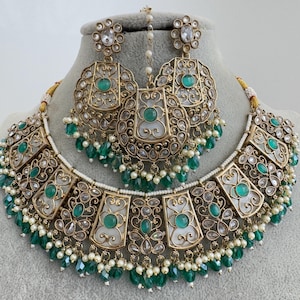 RamaGreen Antique Polki Kundan necklace set/Reverse Ad Necklace/Statement necklace/Indian/Punjabi Necklace/Pakistani Jewelry/Bridal necklace