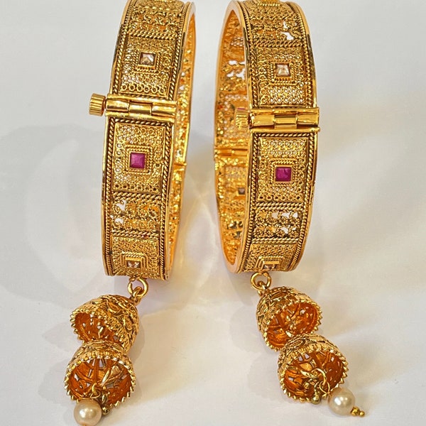 Gold Polki Jhumka openable Bangles 2pc