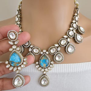 Aqua Blue Victorian Moissanite polki kundan necklace/Sabyasachi Necklace/Kundan Jewelry/Indian wedding collection/Bridal Indian Pakistani