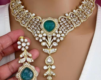 Amrapali Inspired Green Polki Kundan Necklace Set, Gold Moissanite Fusion Jewelry