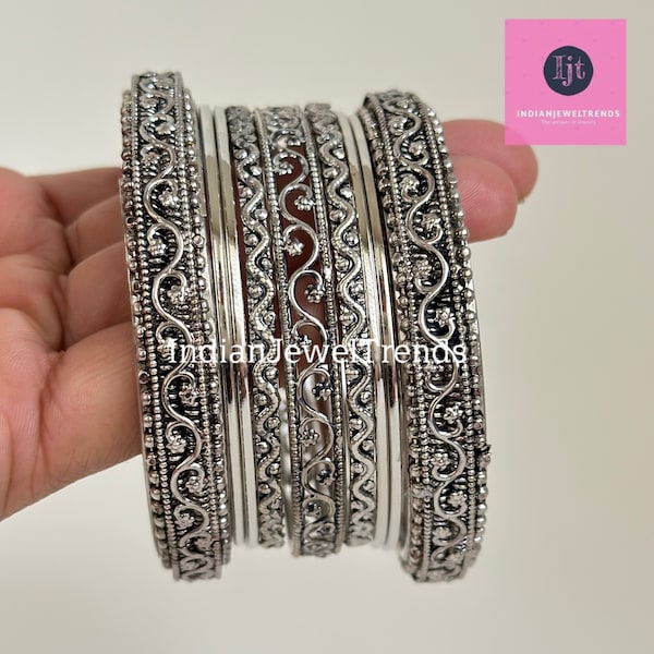 Bollywood Style oxidized Bangles set 8pcs, German silver bangles, Black metal bangles, Indian pakistani jewelry