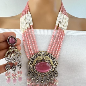 Pink Victorian Polki Kundan Necklace/Indian Long Necklace/Statement Necklace/Long Mala/Semi Precious Necklace/Rani Haar/Pakistani jewelry