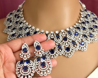 Naszyjnik z szafirowym srebrem i amerykańskimi diamentami/Zestaw naszyjników z diamentami/Cytatami/Elegancki/Unikatowa biżuteria/Bollywood/Indyjski ślub/Ślub