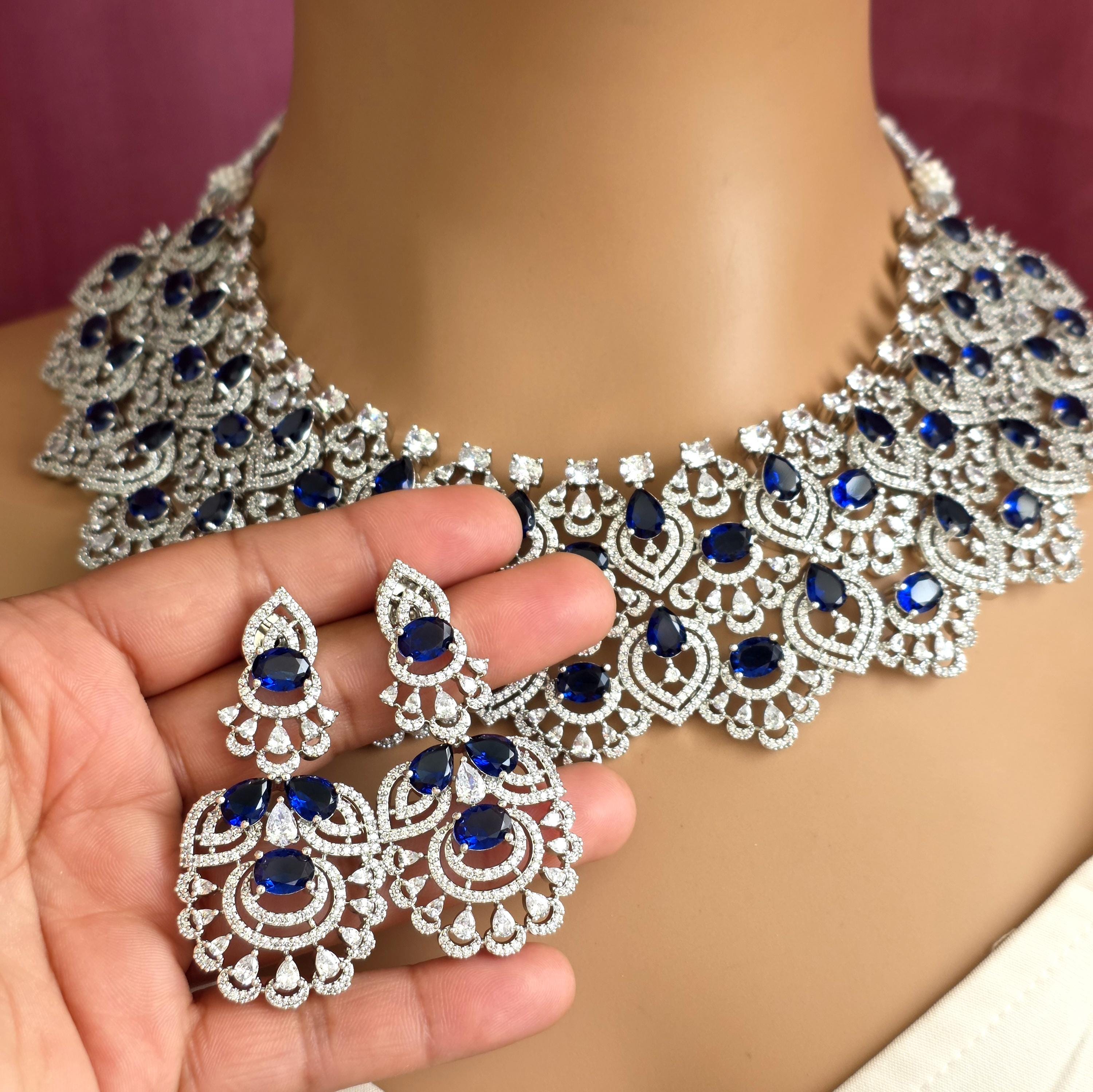 Sapphire Silver Cz American Diamond Necklace/diamond/cz Stones