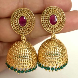 RubyGreen Classic Light vergoldet Polki Jhumka / Stein Jhumka / indisch / Pakistan / Punjabi / indisch / Statement Ohrring / Braut / indische Hochzeit