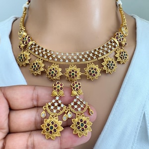 RubyGreen Matt Gold CZ Diamond Antique necklace, wedding jewelry South Indian, Jewelry Wedding necklace, Bridal necklace, Kemp Necklace