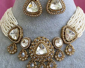 White Pearl Antique Polki Kundan Choker Necklace set, Indian jewelry, Pakistani necklace, Punjabi necklace, bridal, Indian wedding