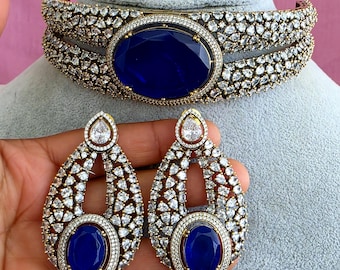 Blauwe doublet CZ diamant choker ketting/designer choker/Bollywood sieraden/Indiase bruiloft/bruidssieraden/Pakistaans/Punjabi, premium set