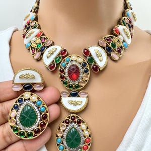 Multi Victorian Sabyasachi inspired semi preciuos muti stones Pendant Necklace,Indian Bridal Jewelry,Bollywood Sabyasachi Necklace, designer