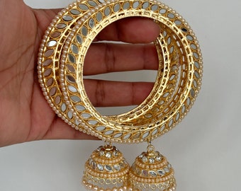 Gold Mirror Pearl Bangles Set/Punjabi Mirror chuda bangles set/Bridal bangle/Statement/Indian Wedding/Chuda Set\Mirror Jewelry\Indian Bangle