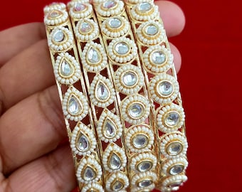 Handmade Kundan Pearl Bangles Set: Antique Gold Plated Indian Bridal Jewelry