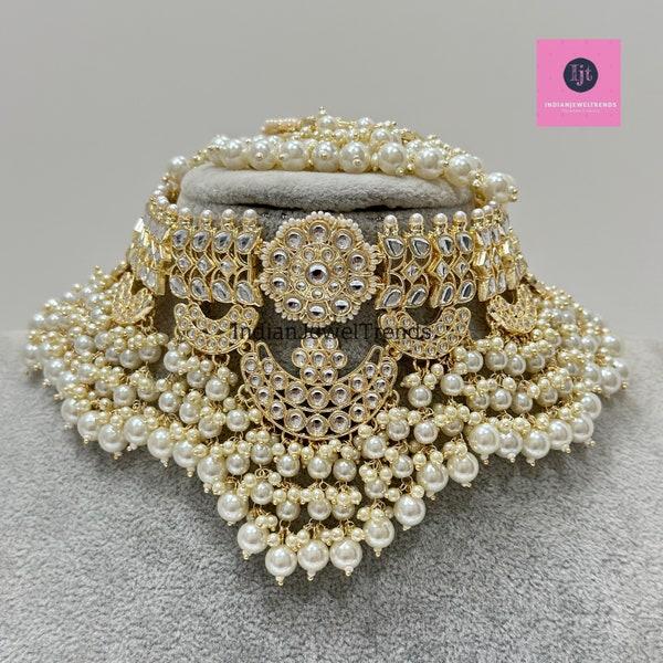 Pearl Kundan Necklace set/Indian Jewelry/Pakistani necklace/indian wedding set/Bridal necklace set/bollywood jewelry/punjabi jewelry