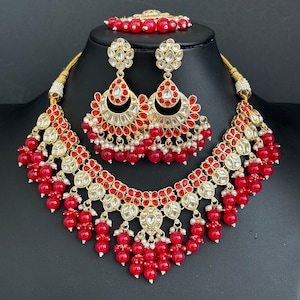Red Pearl Kundan Necklace, Kundan jewelry, Indian Pakistani Wedding Jewelry