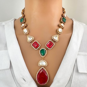 RubyGreen Doublette viktorianischen uncut polki CZ Diamant Halskette,Sabyasachi Halskette,Statement Halskette,Semi Precious Halskette, Designer Halskette