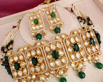 Green Kundan Bridal Choker Necklace Set, Gold Plated Wedding Jewelry