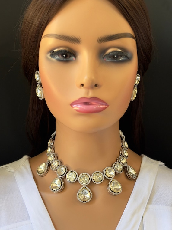 White Silver Dual-Tone Uncut Polki Victorian Necklace Set, Kundan Bridal Jewelry
