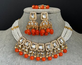 Conjunto de collar Kundan naranja/joyería Kundan Bollywood/ joyería india/ collar paquistaní/ collar punjabi/boda nupcial/india