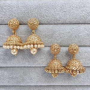 Gold plated small Jhumka/Gold Jhumka/Indian Jewelry/Pakistani/South Indian jhumka earrings/Bridal earring/Indian wedding, Gift for her image 2