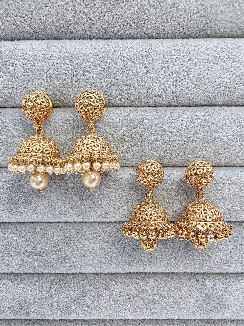 Gold plated small Jhumka/Gold Jhumka/Indian Jewelry/Pakistani/South Indian jhumka earrings/Bridal earring/Indian wedding, Gift for her image 2